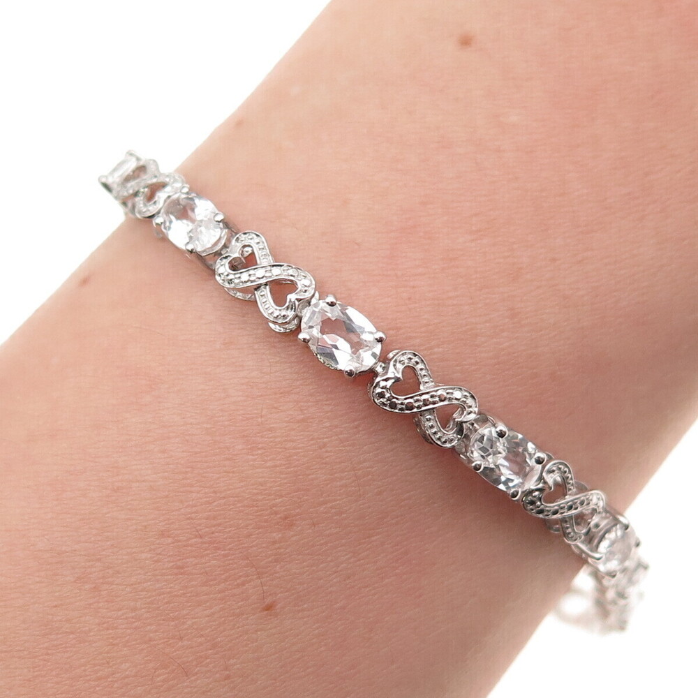 925 Sterling Silver Real Diamond Accent & White Topaz Infinity Bracelet 7.5"